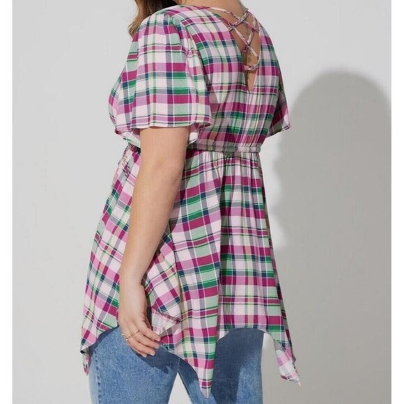 Torrid Top Women 2X Pink Plaid Babydoll Lattice Back Short Sleeves Stretch Waist - Picture 2 of 9
